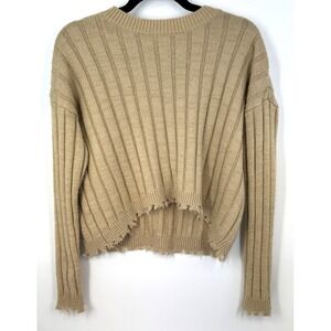 Ribbed Cropped Knit Sweater Distressed Raw Hem Neutral Indie Grunge